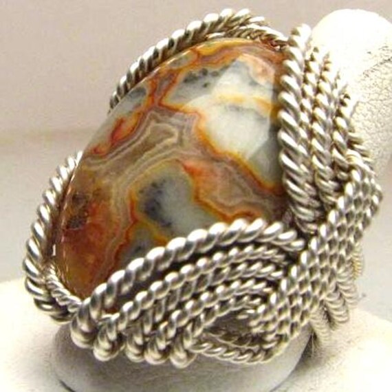 Sterling Silver Wire Wrapped Vintage Crazy Lace Agate Vintage Handmade Ring Great Gift Idea