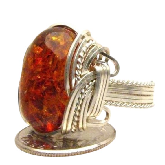 Handmade Amber Solid Sterling Silver Wire Wrap Amber Ring Great Gift Idea