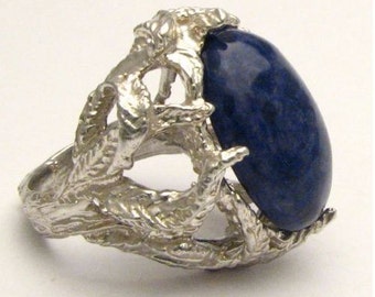 Handmade Claw Designed  Blue Solalite Cab Solid Sterling Silver  Cocktail Ring.  Custom Sized to fit you. Great Gift Idea