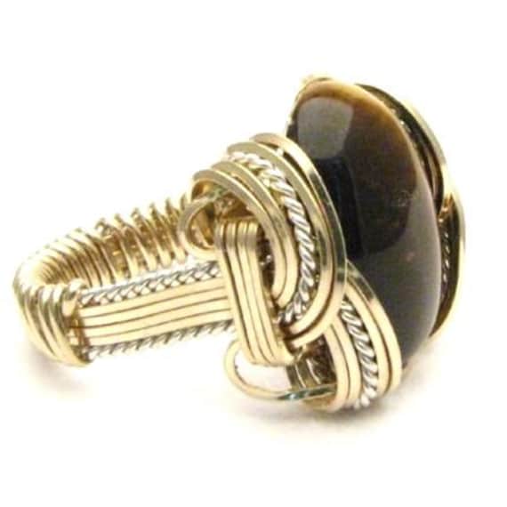 Handmade Wire Wrap Two Tone Sterling Silver/14kt Gold  Tiger Eye Agate Ring Great Gift Idea