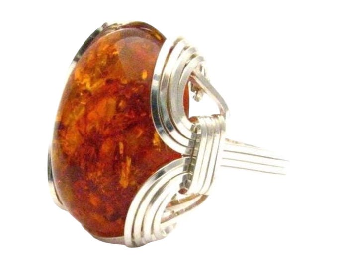 Amber Ring Sterling Silver Wire Wrapped Oval Gemstone Victorian Style