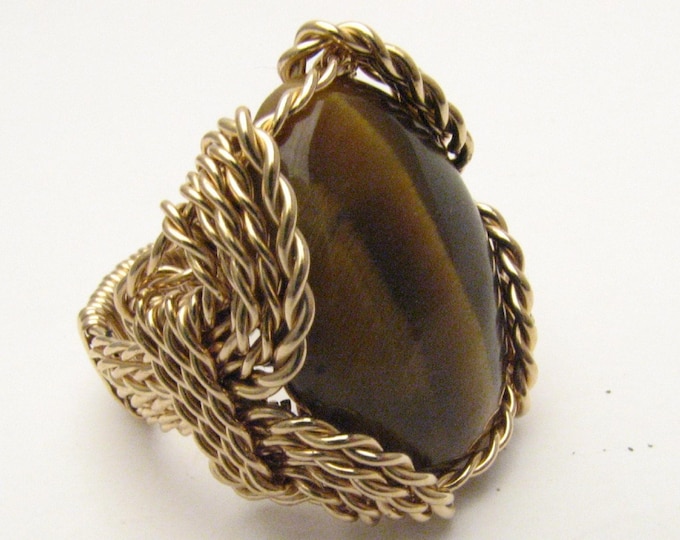 Tiger Eye Agate Ring 14kt Gold Filled Wire Wrapped Gemstone