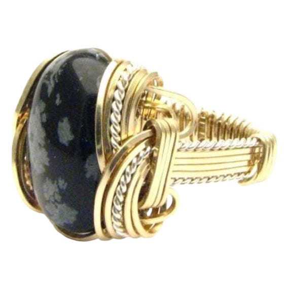 Handmade Wire Wrap Two Tone Sterling Silver/14kt Gold  Snowflake Agate Ring Great Gift Idea