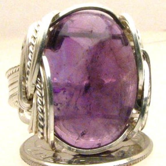 Amethyst Handmade Ring, Solid Sterling Silver Ring, Wire Wrap Amethyst Cabochon Ring, February Birthstone Ring Great Gift Idea