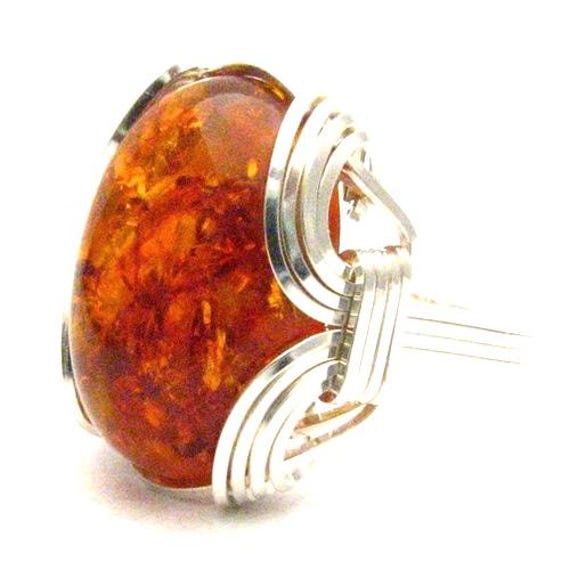 Handmade Sterling Silver Wire Wrap Amber Cabochon Ring