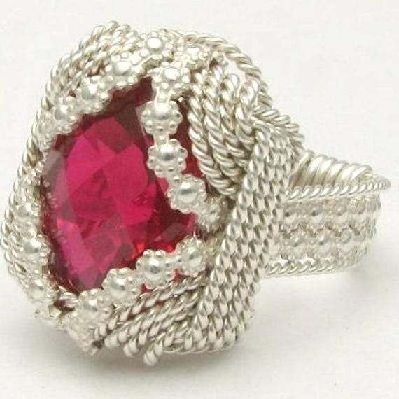 Handmade Sterling Silver Berry Wire Wrap Man Made Ruby Gemstone Ring