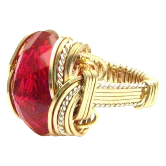 Handmade Wire Wrap Sterling Silver/14kt Gold  Man Made Ruby Ring Great Gift Idea