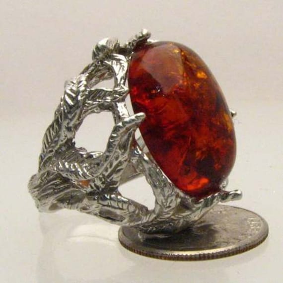 Handmade Sterling Silver Amber Gemstone Cabochon Goth Ring Great Gift Idea