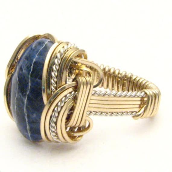 Handmade Wire Wrap Two Tone Sterling Silver/14kt Gold  Blue Sodalite Ring