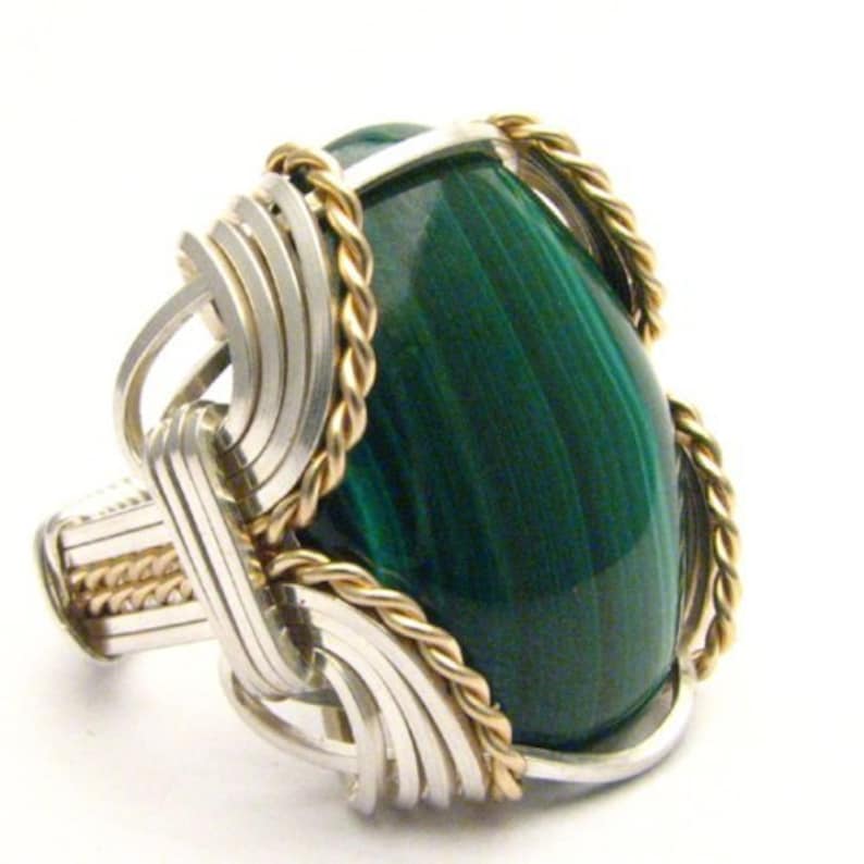 Handmade Wire Wrap Two Tone Sterling Silver14kt Gold Filled Malachite Cabochon Ring