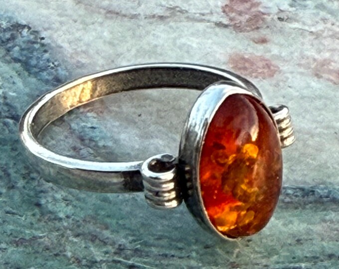 Handmade Sterling Silver Filigree Amber Crown Ring