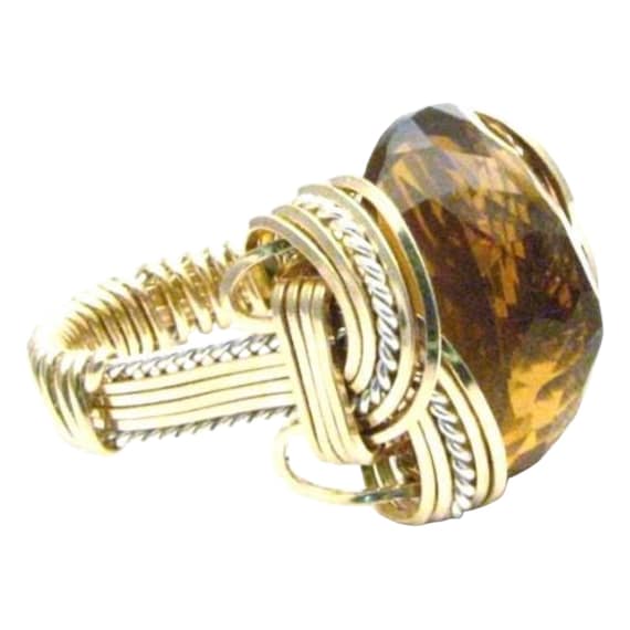 Handmade Artisan Wire Wrap Whiskey Quartz Gemstone Two Tone Sterling Silver/14kt Gold  Ring Great Gift Idea