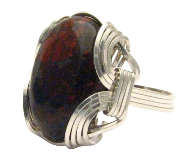 Wire Wrapped Poppy Jasper Sterling Silver Ring - Custom Sized