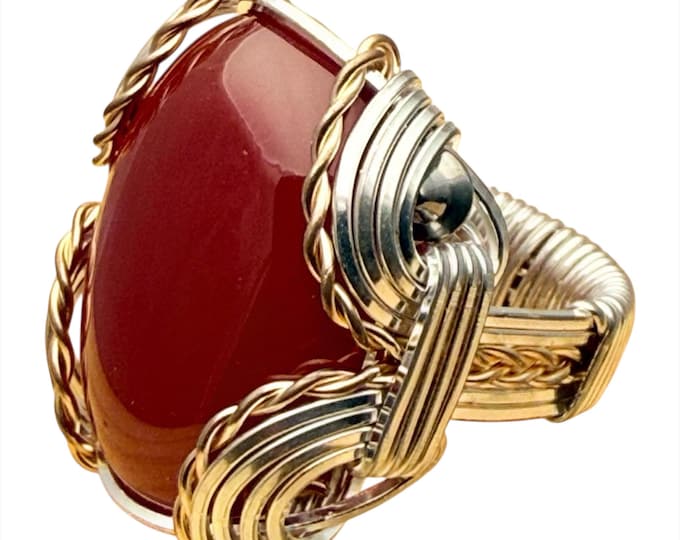 Wire Wrapped Carnelian Gemstone Two Tone Sterling Silver/14kt Gold Filled Ring,