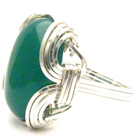 Handmade Sterling Silver Wire Wrap Green Onyx Cabochon Ring Great Gift Idea
