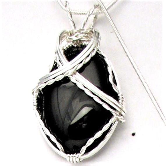 Handmade Solid Sterling Silver Wire Wrap Black Onyx Pendant Great Gift Idea