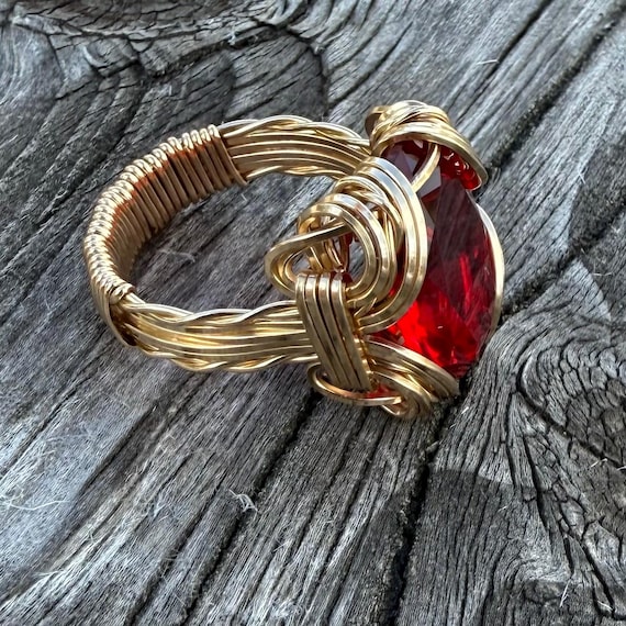 Handcrafted Victorian Vintage 14kt Gold Wire Wrap Red Ruby gemstone Ring 14kt Gold  Wire Wrap Red Ruby ring