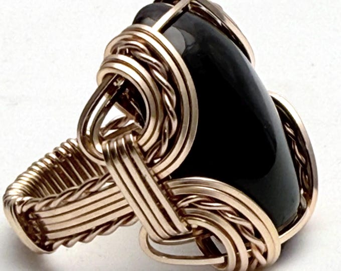 Black Onyx Ring 14kt Gold Filled Wire Wrapped Striped Design