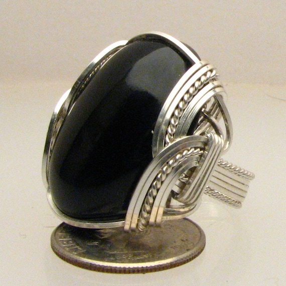 Black Onyx Ring Wire Wrap Cabocnon Sterling Silver 25x18mm 1x3/4in or18x13mm 3/4x12in Great Gift Idea