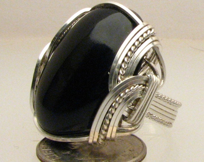 Black Onyx Sterling Silver Wire Wrap Ring (25x18mm)