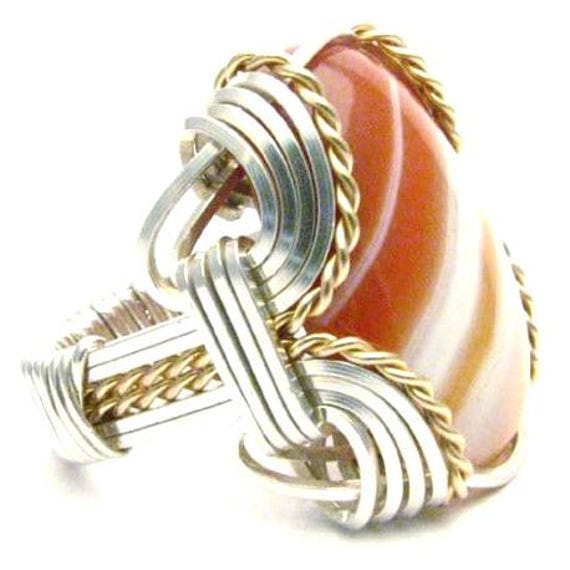 Handmade Wire Wrap Sterling Silver/14kt Gold  Red/White Sardonyx Ring Great Gift Idea