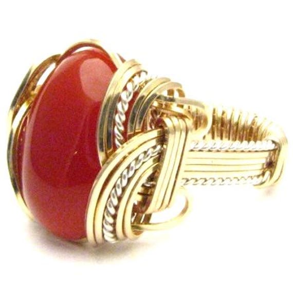 Handmade Wire Wrap Two Tone Sterling Silver/14kt Gold  Carnelian Ring Great Gift Idea