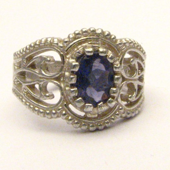 Handmade Sterling Silver Filigree Crown Iolite Ring Great Gift Idea