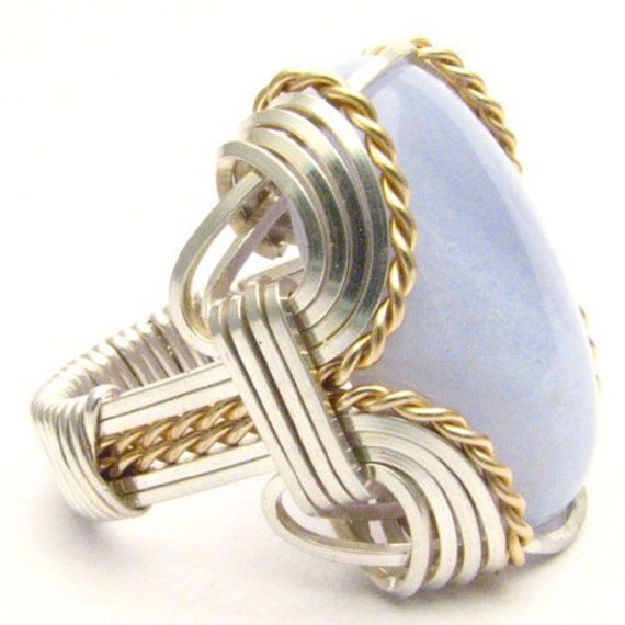 Handmade Wire Wrap Two Tone Sterling Silver/14kt Gold  Blue Lace Agate Cabochon Ring