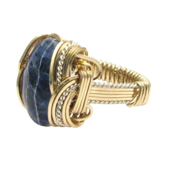 Handmade Wire Wrap Two Tone Sterling Silver/14kt Gold  Blue Sodalite Ring