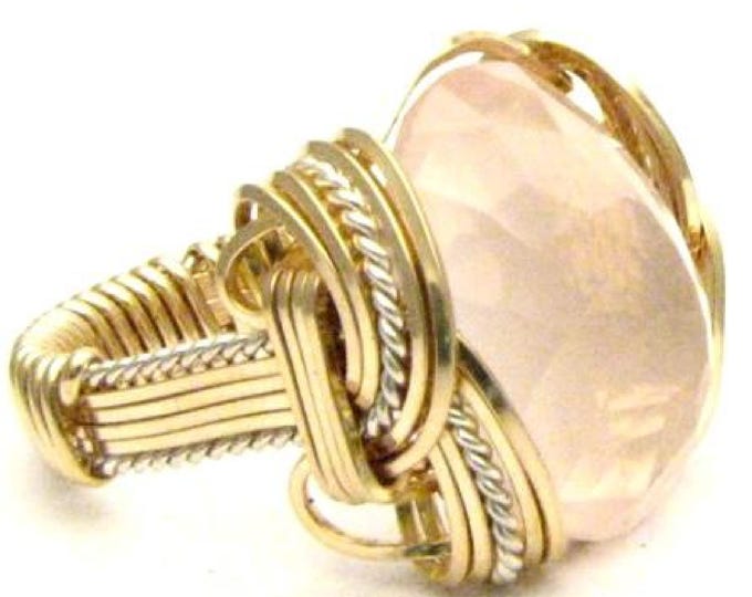 Handmade Rose Quartz Ring: Two-Tone Sterling Silver & 14kt Gold Filled Wire Wrap