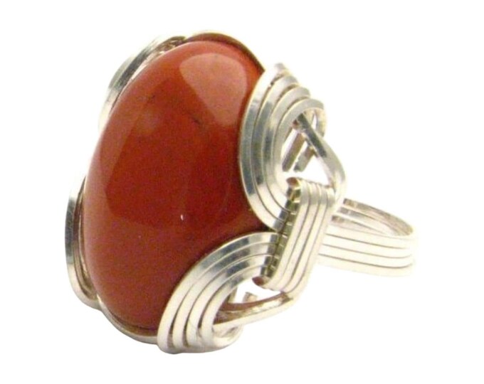 Wire Wrapped Red Jasper Ring Sterling Silver Oval Custom Size Unisex