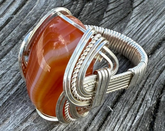 Handmade Sterling Silver Sardonyx Cabochon Ring: Wire Wrapped Gemstone