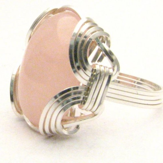 Wire Wrapped Ring, Handmade Ring, Stirling Silver Ring, Wire Wrap Ring, Rose Qaurtz Ring, Pink, Cabochon Ring, Gemstone Ring, Old School