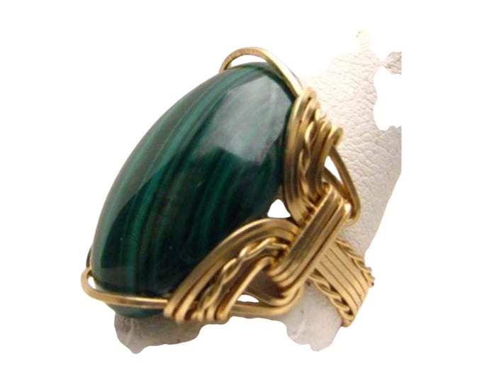 Malachite Ring 14kt Gold Filled Wire Wrapped Green Stone Handmade