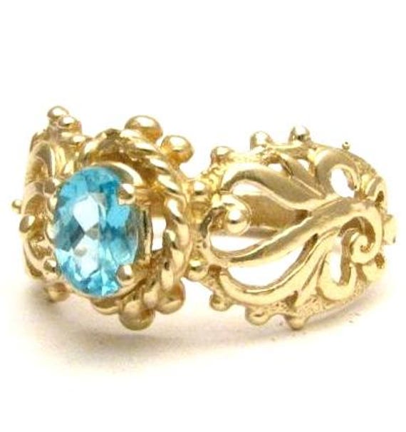 Handmade 14kt Gold Blue Topaz Filigree Ring 6x4mm .5ct Great Gift Idea