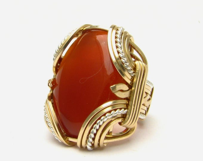 Carnelian Gemstone Ring: Two Tone 14kt Gold Filled Sterling Silver Wire Wrapped