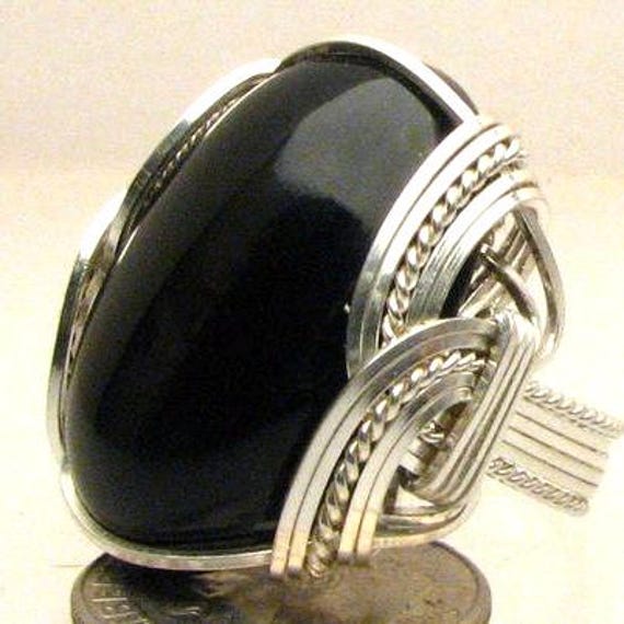 Black Onyx Wire Wrapped Ring Handmade Sterling Silver Wire Wrapped Oval Black Onyx Cabochon Ring