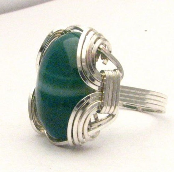 Wire Wrapped Green Sardonyx Gemstone Sterling Silver Ring.  Custom Sized to fit you. Great Gift Idea