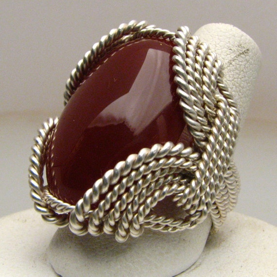 Carnelian Wire Wrapped Ring Wonderful Wire Wrapped Oval Red Carnelian Cabochon Silver Ring Great Gift Idea