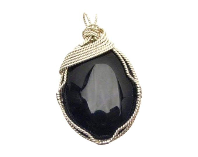 Black Onyx Pendant Sterling Silver Wire Wrapped Gemstone Necklace