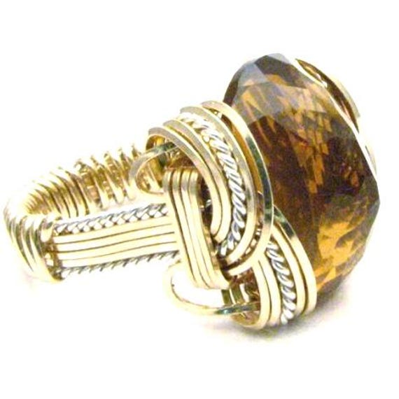 Handmade Artisan Wire Wrap Whiskey Quartz Gemstone Two Tone Sterling Silver/14kt Gold  Ring Great Gift Idea