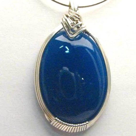 Handmade Solid Sterling Silver Wire Wrap Blue Onyx Pendant Great Gift Idea
