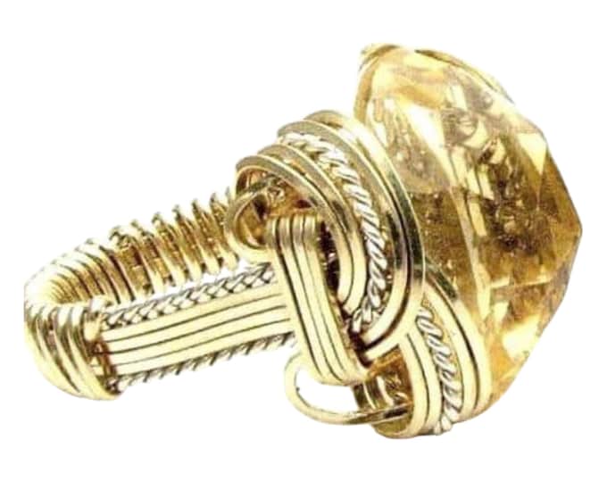 Handmade Two Tone Citrine Ring: Sterling Silver/14kt Gold Wire Wrap November birthstone
