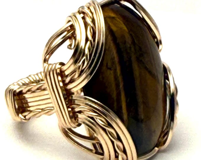 Tiger Eye Ring 14kt Gold Filled Wire Wrap Oval Gemstone