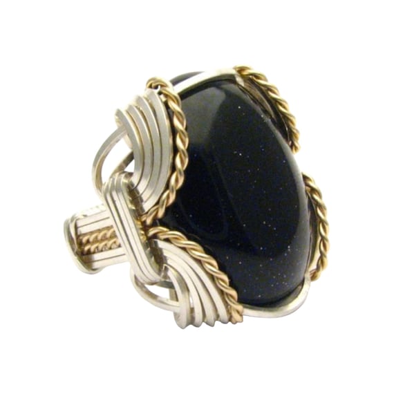 Handmade Wire Wrap Sterling Silver/14kt Gold  Goldstone Ring