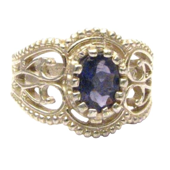 Handmade Sterling Silver Filigree Crown Iolite Ring Great Gift Idea