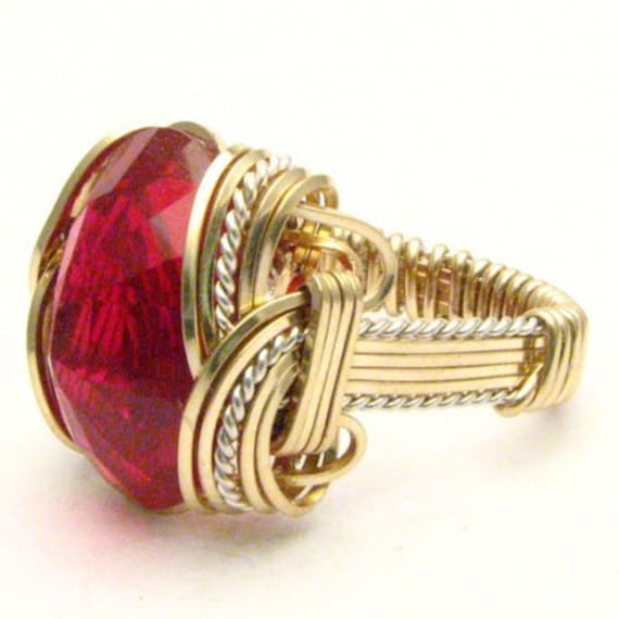 Handmade Wire Wrap Sterling Silver/14kt Gold  Man Made Ruby Ring Great Gift Idea