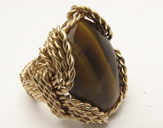 Wire Wrapped Ring  Handmade Statement Ring 14kt Gold  Wire Wrap Brown Tiger Eye Agate Cabochon Gemstone Ring Artisan Ring