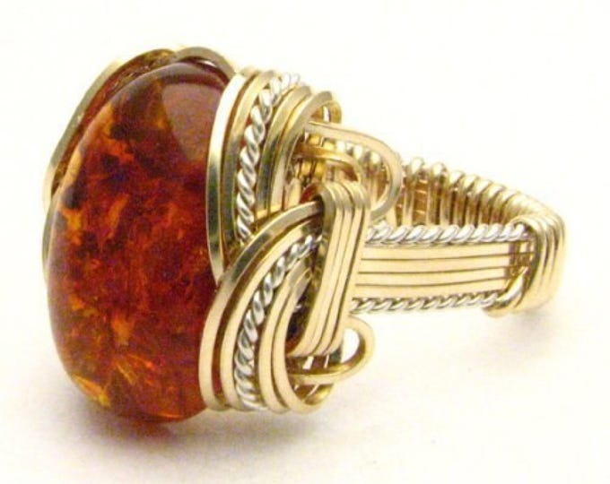 Handmade Two Tone Amber Ring: Wire Wrapped Sterling Silver & 14kt Gold