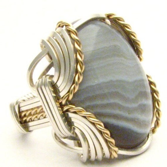 Handmade Wire Wrap Sterling Silver/14kt Gold  Botswana Agate Ring Great Gift Idea